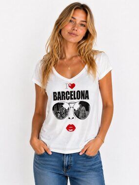 Women’s Size Small “I ❤️ BARCELONA” SPAIN T Shirt Tee V Neck White NWOT